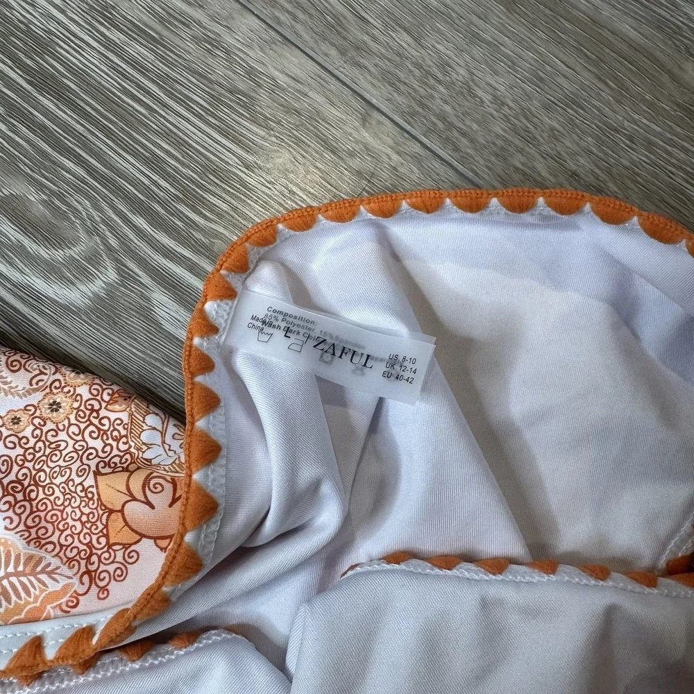 Zaful Women's Orange Low Rise Paisley Bikini Bottoms Boho Y2K Retro‎ Swim Size L